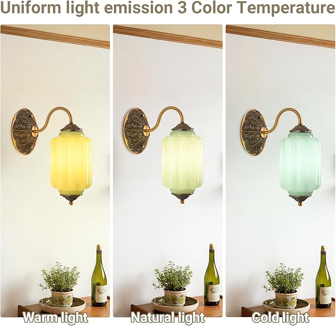LOUSACE Antique Gold Wall Sconce with Green Milk Glass Shade, Vintage Brass Wall Light Fixture, Mid Century Restro Bathroom Vanity Light, Indoor Lighting for Bedroom Living Room Hallway