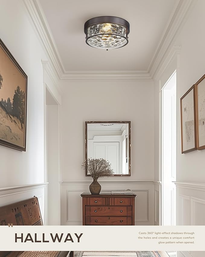 FEMILA 12" Flush Mount Ceiling Light, Modern Close to Ceiling Light Fixtures with Water Ripple Glass, E26 Base, 4FTJ22WG-F ORB