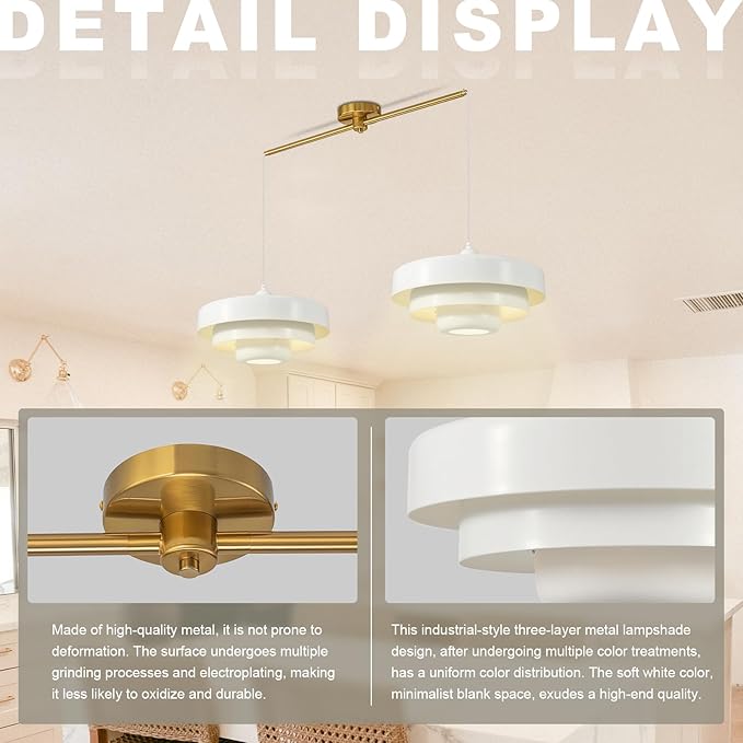 Farmhouse White Pendant Light, 2-Light Industrial Chandelier, Vintage Adjustable Hanging Lights for Kitchen Island, Dining Room, Bedroom, Entryway, Coffee Bar