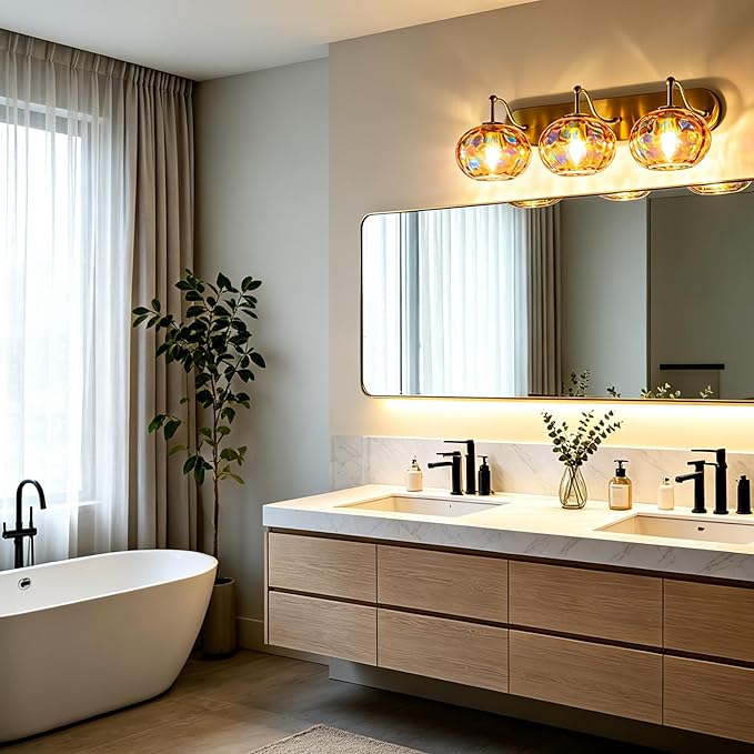 23" Brushed Gold Vanity Light Stained Amber Hammered Glass Wall Sconce 3-Light Brass Wall Lamp for Hallway Living Room Stairwell Bathroom Over Mirror