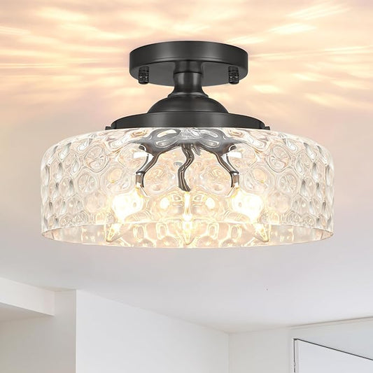 Black Semi Flush Mount Ceiling Light, 3-Light Ceiling Light with Hammered Glass, Vintage Hallway Lights, Closet Light Fixture, Kitchen Flush Ceiling Mount for Entryway Bedroom Bathroom,E12