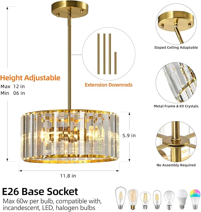 Gold Crystal Ceiling Light, Modern Semi Flush Mount Ceiling Lighting Fixture, Round Hallway Lighting Fixtures Chandelier Pendent Light for Foyer Kitchen Entryway Bedroom Dining Room, 3-Light,11.8Inch