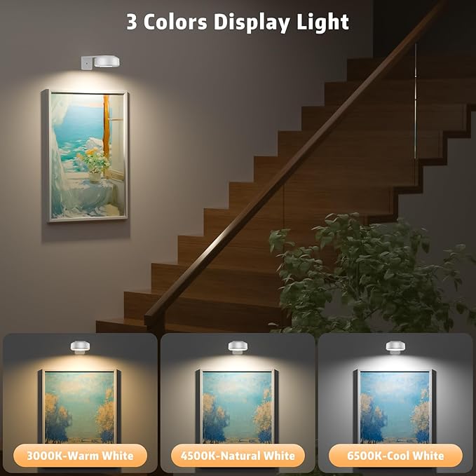 Picture Lights with Remote, Wireless Rechargeable Battery Operated Wall Light 3 Pcs Dimmable and Timer Metal Art Light for Paintings,Display, Wall, Artwork, Gallery (White)