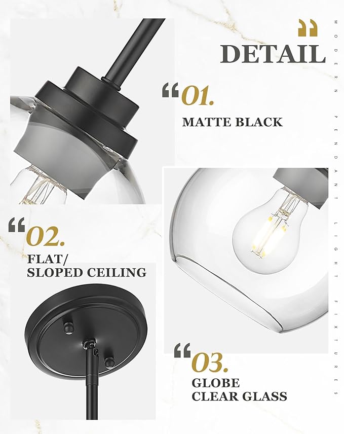 Pendant Lights Kitchen Island, 7" Modern Black Hanging Lights Fixtures with Clear Glass Globe Shade, Kitchen Island Lighting for Bathroom, AD-22280-1P-BK-C