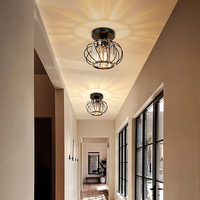 Black Crystal Ceiling Light Fixture - Crystal Chandelier Small Semi Flush Mount Ceiling Light Modern Lights Ceiling mount for Hallway Kitchen Entryway Bedroom Bathroom (2 Pack, 7.48 Inch)