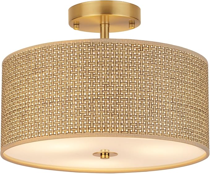 13" Woven Rattan Boho Ceiling Light Fixture, 3-Light Modern Semi Flush Mount Lamp with Drum Fabric Shade, Rustic Brown Lighting for Bedroom, Dining Room, Living Room, Hallway, Entryway