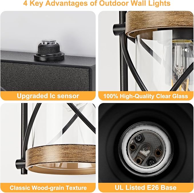 OKELI Dusk to Dawn Outdoor Wall Lights Fixtures, Waterproof Exterior Lighting Fixtures with Photocell Sensor,Vintage Faux Wood Grain Metal Cage Lantern Outside Lights for Porch Patio House Garage