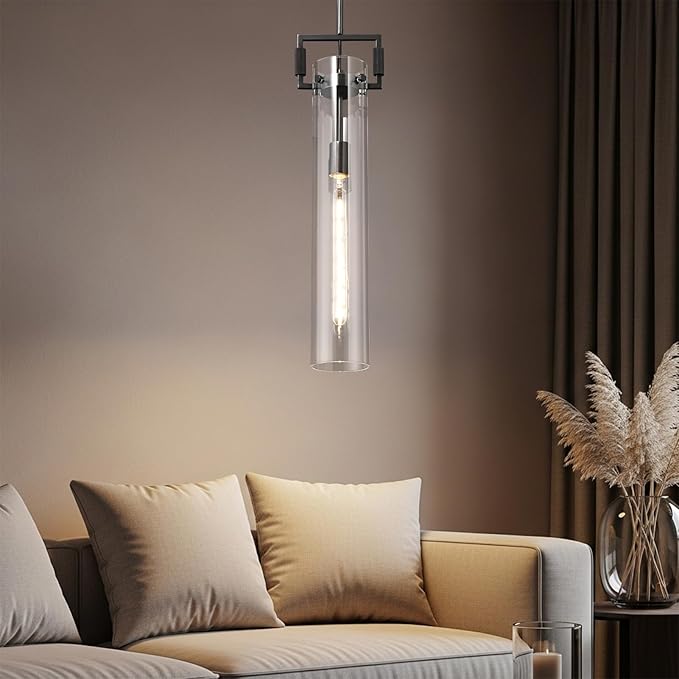 Black Pendant Light Glass for Kitchen Island 1Pack, Adjustable Hanging Chandelier with Glass Shade Modern Pendant Light Fixture for Farmhouse, Dining Room,Bedroom,E26 Bulb Included
