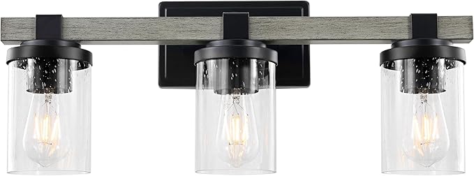 JONATHAN Y 22.75" Black/Gray Oak Wood Finish LED Vanity Light, Rustic Farmhouse Sconce, Clear Seeded Glass Shade, Industrial Wall Lamp for Bathroom Mirror, Kitchen Sink, LED Bulb (JYL7509B)