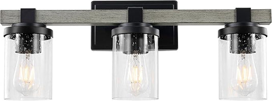 JONATHAN Y 22.75" Black/Gray Oak Wood Finish LED Vanity Light, Rustic Farmhouse Sconce, Clear Seeded Glass Shade, Industrial Wall Lamp for Bathroom Mirror, Kitchen Sink, LED Bulb (JYL7509B)