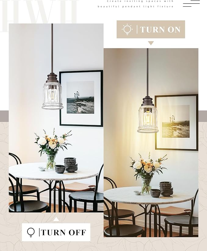 Farmhouse Pendant Light for Kitchen Island, HWH Oil-Rubbed Bronze Finish Pendant Light, Single 1-Light Hanging Light Fixture, Bell-Shaped Fluted Clear Glass, 5HZG106MIL-L ORB