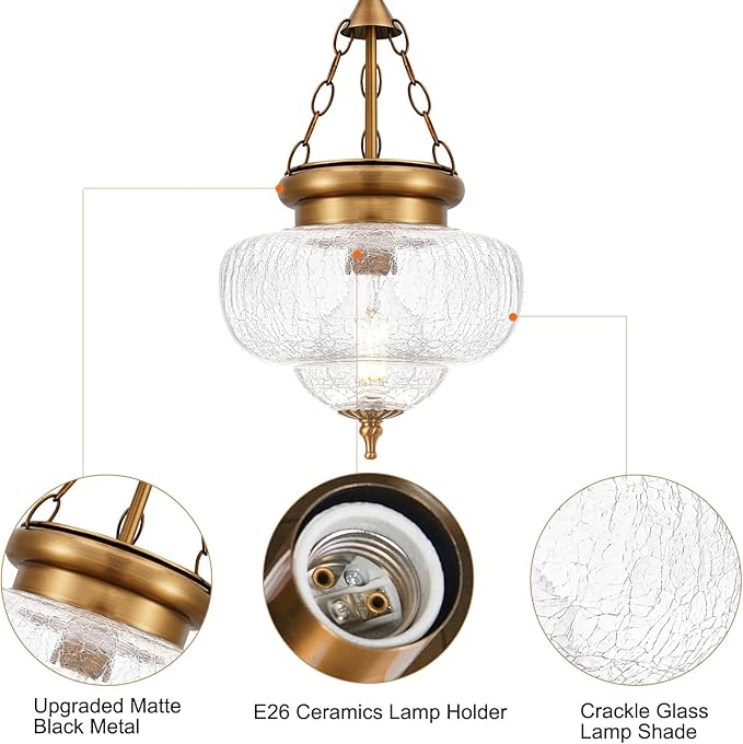 Vintage Pendant Light - Bronze Gold Pendant Lights Kitchen Island with Cracked Glass, Brass Penant Lighting Fixtures with Adjustable Hanging Chain for Kitchen, Dining Room, Entryway