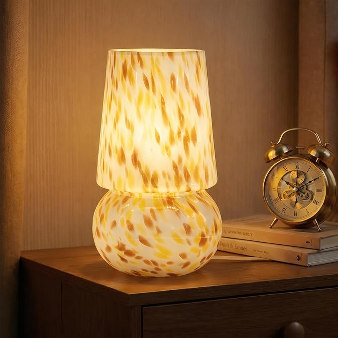9.8 Inch Mushroom Table Lamp, UL Listed Dimmable Small Desk Bedside Lamp with Woven Beige Cord, Handcrafted Pattern, Murano Home Decor for Bedroom, Living Room, Entryway, Cream Gold, No Bulb Included