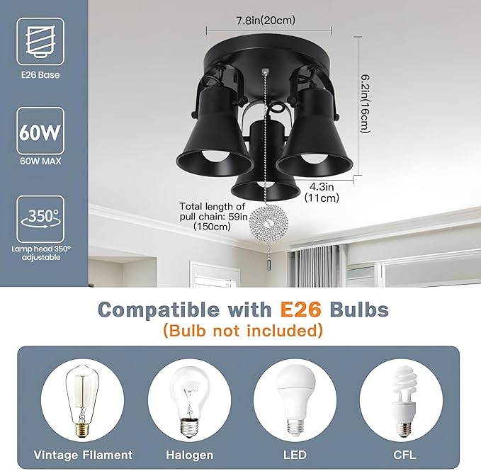 KEESFU Adjustable 3-Light Track Lighting with Pull Chain Switch, Modern Round Ceiling Lamp for Kitchen Hallway Bathroom, Directional Flush Mount Fixture for Dining Room Bedroom Office.