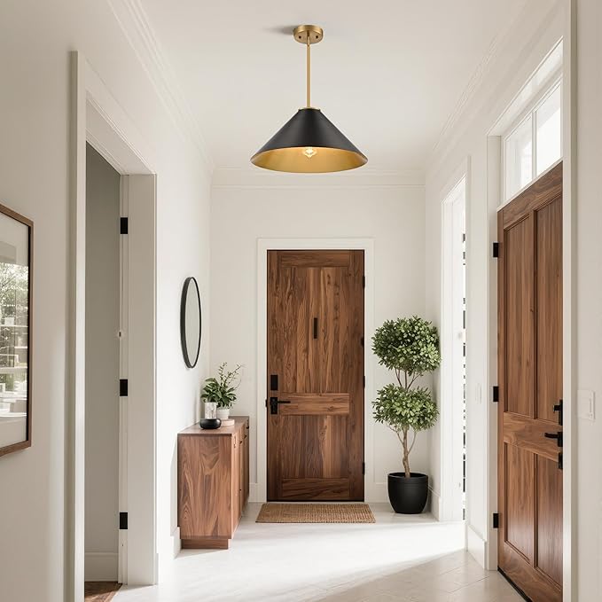 15.7 Inch Modern Pendant Lights Kitchen Island, Black and Gold 1-Light Single Pendant Lighting Fixtures, Metal Cone Farmhouse Ceiling Hanging Light for Dining Room Over Sink Table Hallway