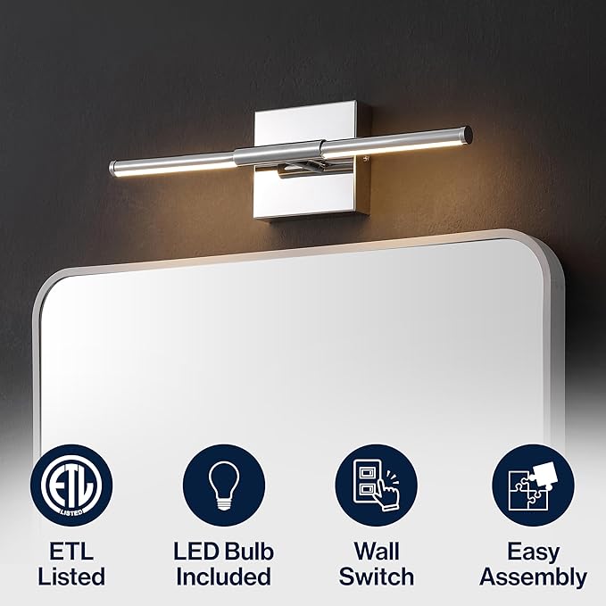 JONATHAN Y 16.25" Chrome Modern Dimmable Integrated LED Wall Sconce, Minimalist Adjustable Metal Vanity Light for Bathroom Mirror, Bedroom, Hallway, 3000K, ETL Listed JYL7039A
