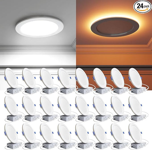 Ensenior 24 Pack 6 Inch LED Recessed Ceiling Light with Night Light, Dimmable, 2700K-5000K 5CCT, 1050LM 12W 120V, High Brightness Canless Wafer Downlight - ETL&FCC&IC