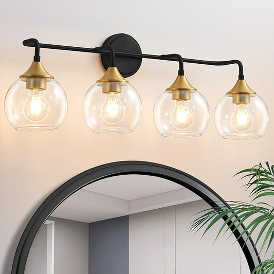 Bathroom Vanity Light with Clear Glass Shade, E26 Base, 31 Inch Vanity Lighting Fixtures Over Mirror, Vanity Lights for Bathroom (Exclude E26 Bulb) - Black and Gold, 4-Lights