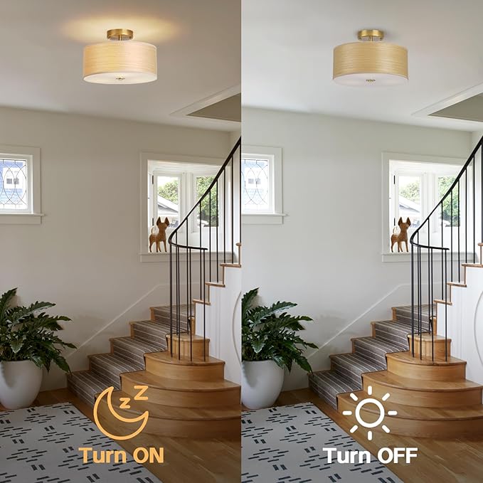 Gold Drum Ceiling Light Fixture, 13" Semi Flush Mount with Natural Wood Shade, Modern Farmhouse Close to Ceiling Lamp for Bedroom, Dining Room, Kitchen, Hallway, Entryway, Foyer