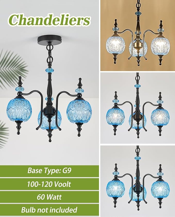 Vintage Blue Pendant Light Fixtures, 3-Light Chandeliers for Kitchen Bedroom Living Room Dining Room Hallway