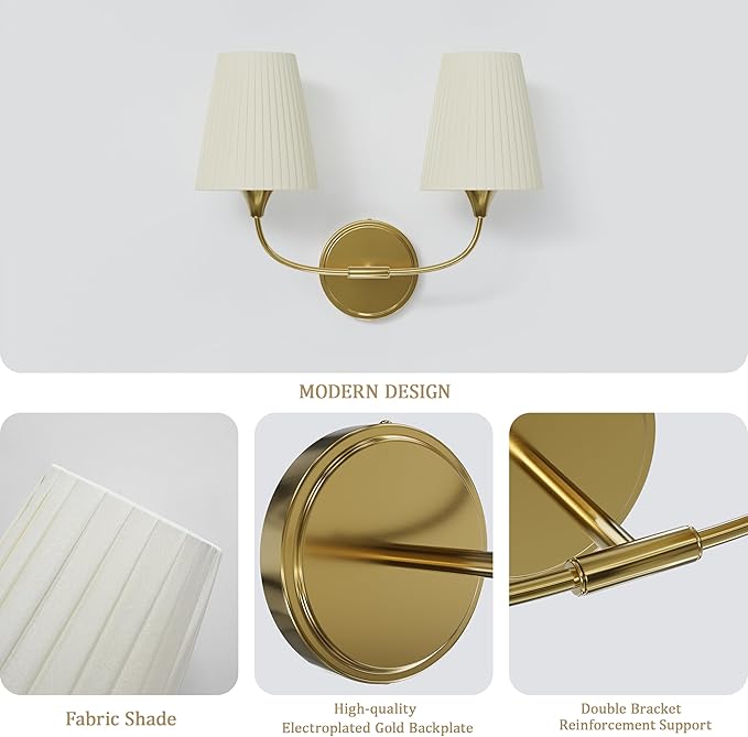 Bathroom Vanity Light with Fabric Shade, 2-Light Bathroom Vanity Light Over Mirror, Modern Light Fixtures for E26 Bulb, Flared Wall Lights for Bedroom, Hallway, Entryway, Powder Room (Gold)
