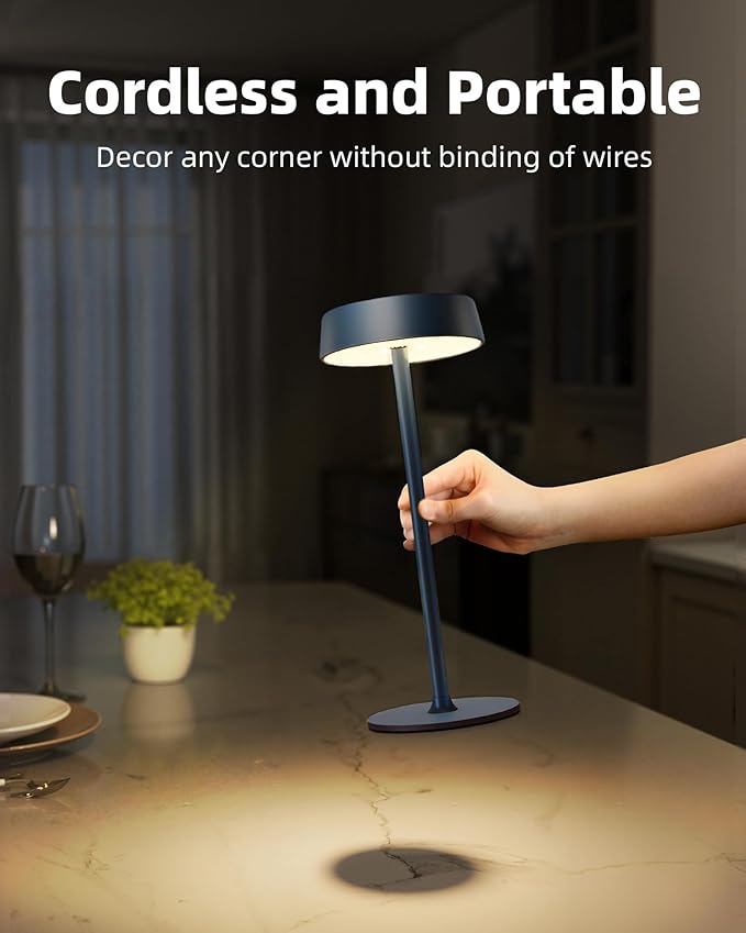 Cordless Lamp, Rechargeable Table Lamp, Battery Operated, RGB Dimmable Touch Control, 3 Color Temperatures, LED Memory Function, Portable Outdoor Waterproof, Restaurant Dining Patio Kitchen, Blue 1Pc