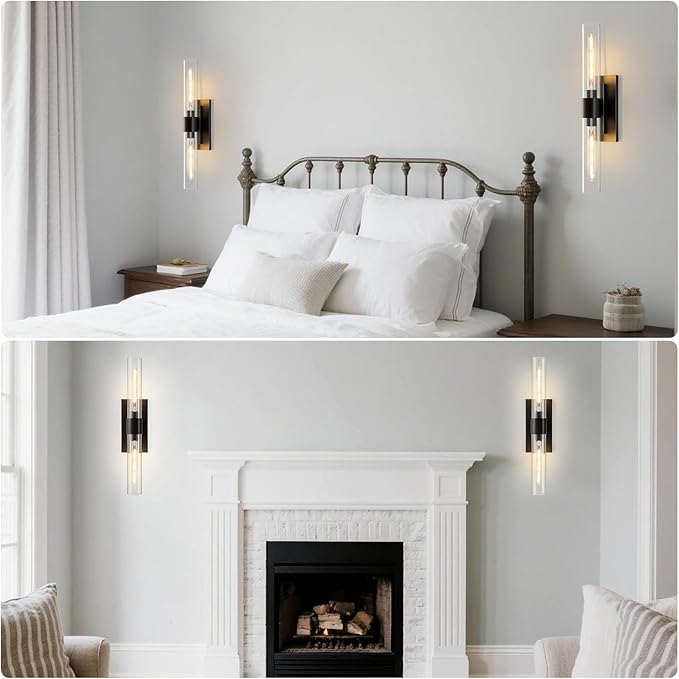 Black Brass Bathroom Wall Sconce - Set of 2 Modern Linear Light Sconces - Clear Glass Tube Vanity Lights - Vertical or Horizontal Mounted Dimmable Lighting Fixtures for Indoor Living Room Hallway