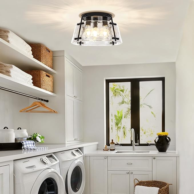 Modern Black Semi Flush Mount Ceiling Light 3-Light Hammered Glass Kitchen Lighting Fixtures Ceiling Hallway Lights Flush Mount Chandelier for Entryway Dining Room Bathroom Bedroom Foyer Lighting