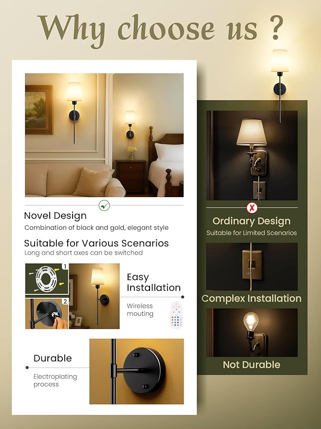 Wall Sconces Set of 2 Battery Operated, Black Wall Lights with Rechargeable Magnetic Bulbs and Remote, Dimmable & 15 RGB Cordless Wall Lamps for Bedroom Living Room Hallway, 23 Inch