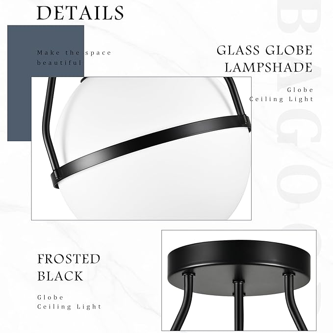 Bagood 10" Mid Century Ceiling Light Modern Semi Flush Mount Ceiling Light Fixture Globe Ceiling Light Fixture with Milk Glass Shade Matte Black Finish for Kitchen Island Hallway Foyer (Bulb Incl.)