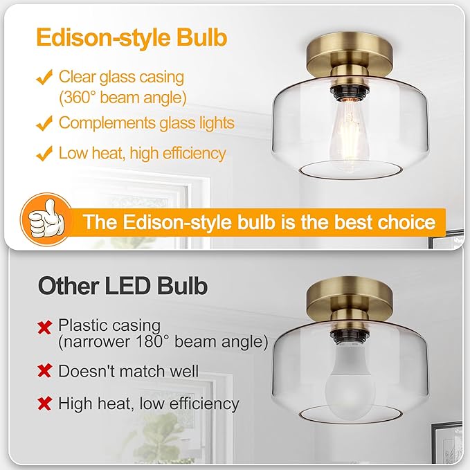 Lynnoland Industrial Semi Flush Mount Ceiling Light Brass, 800 Lumen LED Bulb Included, Clear Glass Shade Ceiling Light Fixture, Light Fixture for Hallway Bathroom Bedroom, Vintage Hanging Lighting
