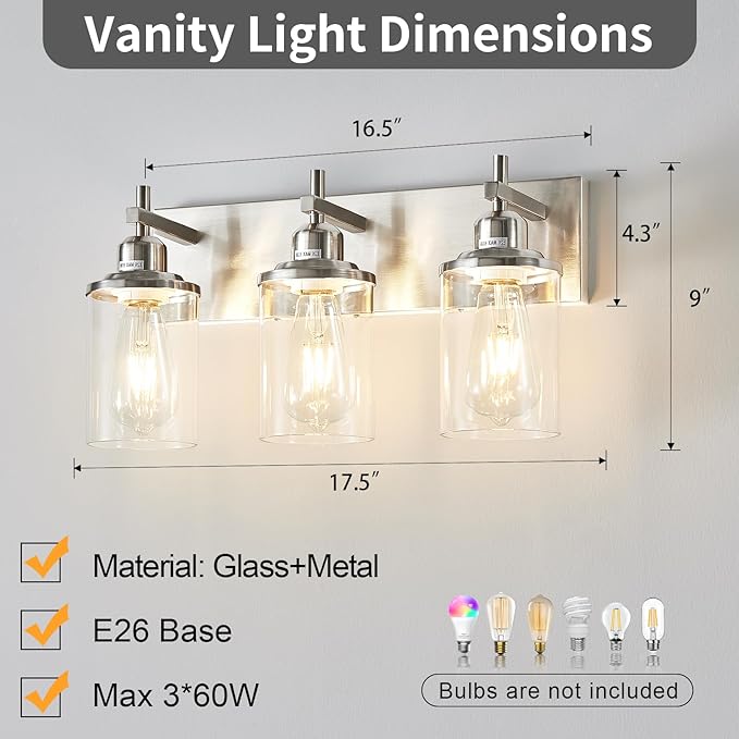 Lanhall 3-Light Brushed Nickel Bathroom Light Fixture Over Mirror Modern Bathroom Vanity Light Vintage Wall Lighting with Clear Glass Shade for Bathroom, Bedroom, Hallway, Cabinet