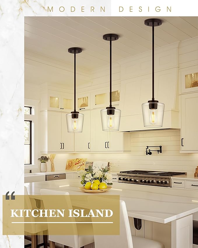 Pendant Lights Kitchen Island 2 Pack, 6" Matte Black Hanging Lights Fixtures with Clear Glass Shade, Modern Kitchen Pendant Lighting Over Island for Dining Room, AD-22004-1P2-BK-C