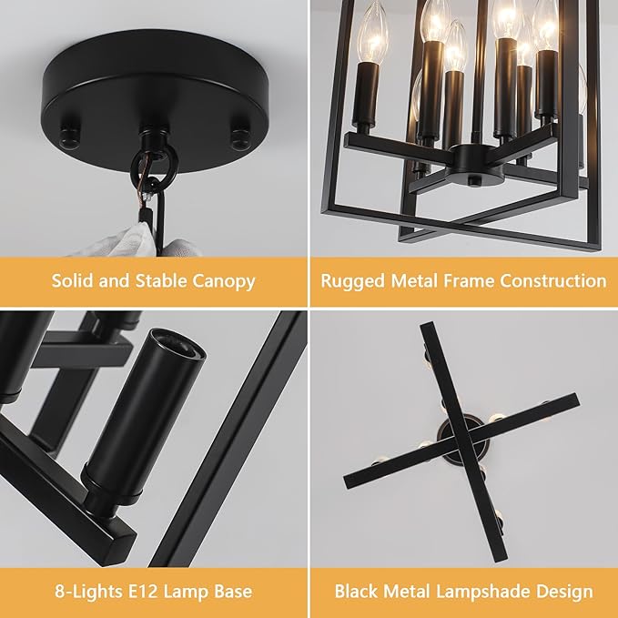 12.79" Black Chandelier 8-Light Modern Farmhouse Chandeliers for Dining Room Light Fixture Rustic Adjustable Pendant Light Fixtures Vintage Chandelier for Foyer Kitchen Entryway Living Room E12