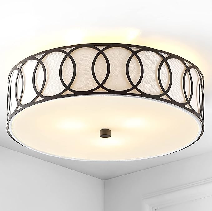 JONATHAN Y 15.5" Oil Rubbed Bronze Modern Metal LED Flush Mount Ceiling Light for Bedroom Hallway, White Linen Drum Shade with Geometric Fretwork, LED Bulbs Included (JYL3503C)