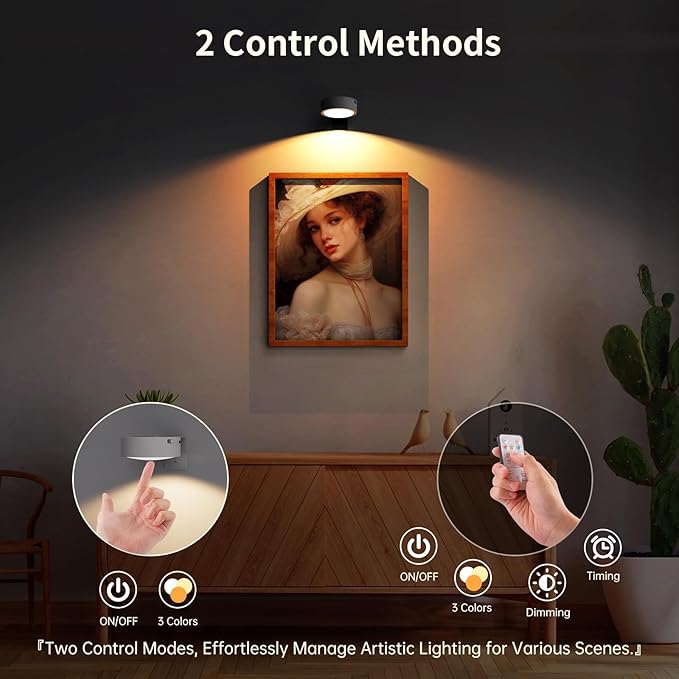 Narotood 6 Pack Picture Lights for Wall, Rechargeable Battery Operated Wall Lights, Picture Frame Lights with 3 Lighting Modes, Wireless Magnetic Painting Light with Remote Control Timer, (White)