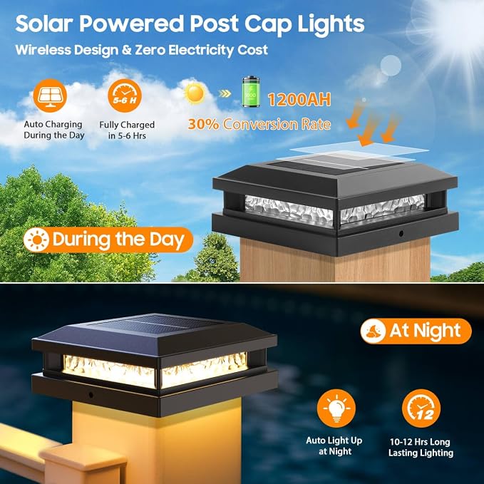 Bosceos 8-Pack Solar Post Lights, 2-Colors Mode 16LEDs Outdoor Decorative Post Cap Lights, Waterproof Solar-Powered Fence Posts Light, Fit 4x4, 5x5 Vinyl/Wooden Posts in Garden Yard Porch Deck, Black