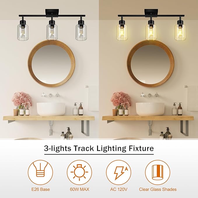 Track Lighting Fixtures Ceiling, 3-Light Track Light with Clear Glass Shade, 23" Modern Kitchen Lighting Ceiling with Rotatable Track Head, Black Wall Light for Vanity Hallway Bedroom(E26, No Bulb)