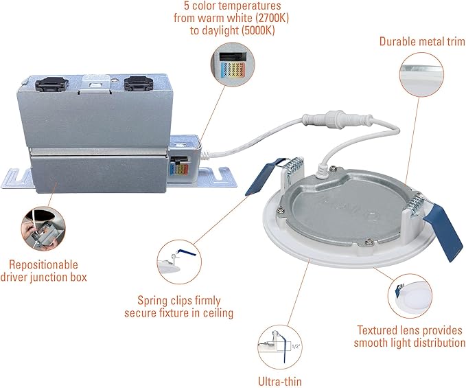 HALO HLB 4 inch LED Recessed Light, Thin Canless, Dimmable w/Selectable Color Temperatures, 6-Pack - HLB40699FS1EMWR-6PK