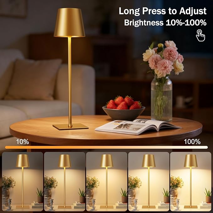 Gold Cordless Rechargeable Table Lamp, 2 Pack Portable Desk Lamp with 5000mAh Battery, Touch Control Stepless Dimming, Wireless Night Light for Dining, Outdoor Camping, Coffee Shop, Waterproof Design