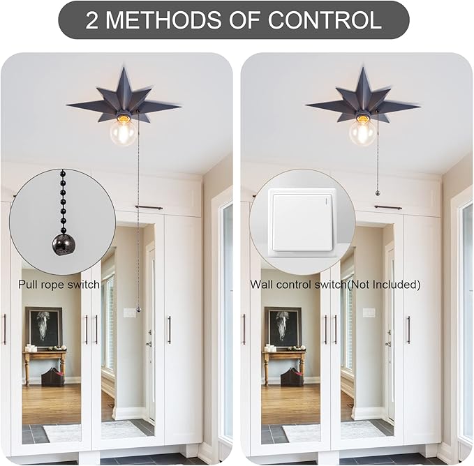 VILUXY Flush Mount Ceiling Light, Black Star Light Fixtures Ceiling with Pull Chain On/Off Switch for Hallway, Entryway, Study Room, Bedroom