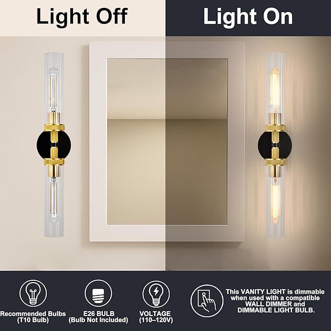 LaLuLa Black and Gold Vanity Light Fixtures – Modern Hardwired Dual-Light Wall Sconces with Rippled Glass Shades, Textured Metal Bathroom Lighting for Over Mirror or Hallway, 25" Height
