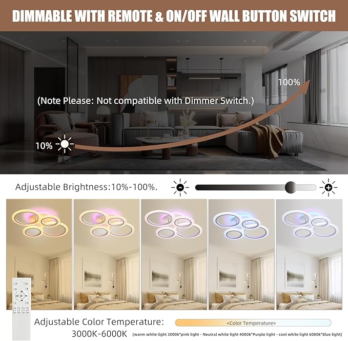 Modern Flush Mount Ceiling Light, Dimmable 4 Rings Kitchen Light Fixture for Living Room, Bedroom, Laundry Room, 3000-6000K, White