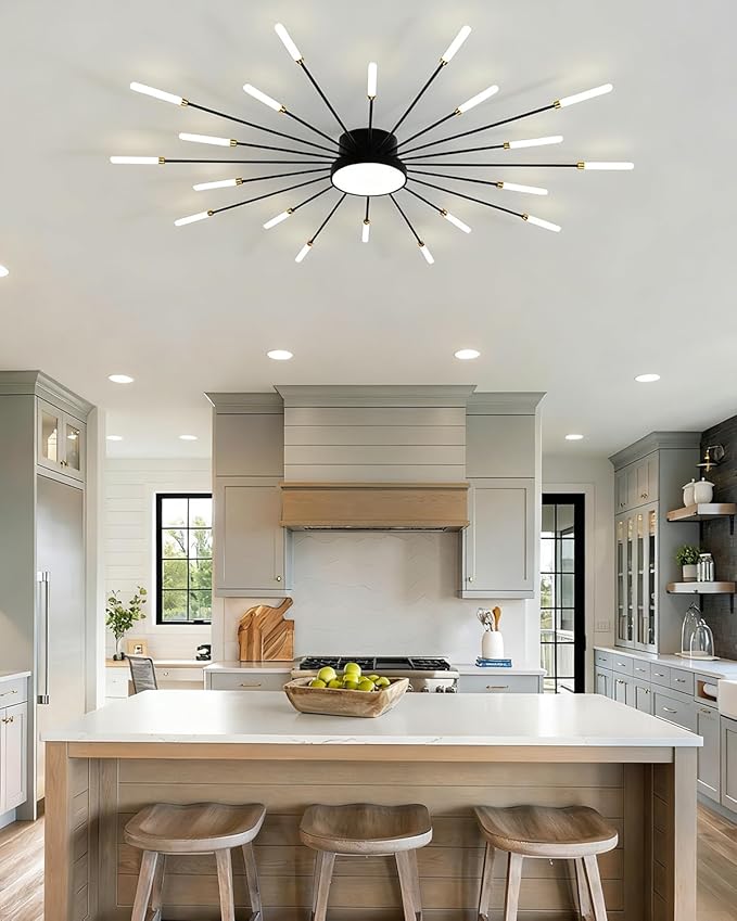 Modern Ceiling Light, 20+1 Lights Black Metal Firework Designed Led Lighting Fixture for Farmhouse Kitchen Dining Room Bedroom Hallway Living Room Sputnik Unique Chandelier