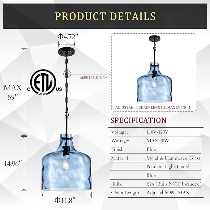 CATINER 16" Extra Large Farmhouse Pendant Light – Hand-Blown Blue Hammered Glass Shade, Black Finish, Adjustable Chain Hanging Light Fixture for Kitchen Island, Dining Room, Hallway