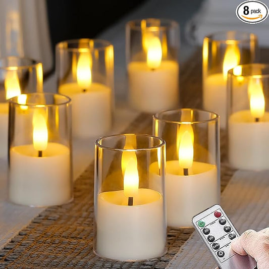 Flameless Small Tea Light LED Candles, Acrylic Battery Operated Votive 1.7" x2.5" with Remote Control and Timer, Tealight White Flickering Warm Light Pack of 8 Electric Long Lasting