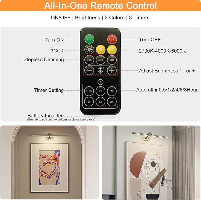 Tassuowell Antique Bronze Picture Light, 23.6 Inch Remote Control Painting Lights for Wall Cordless, 3CCT Dimmable Wall Lights for Pictures, Rechargeable Art Light for Pictures On Wall with Timer