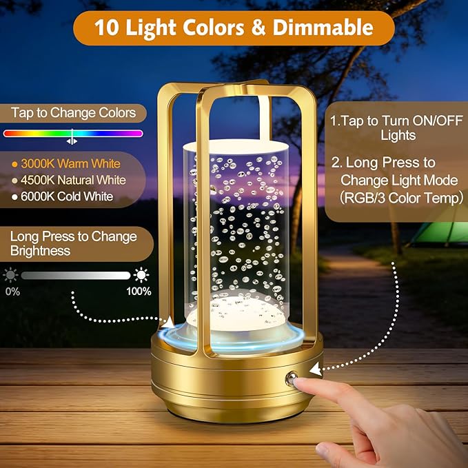 Portable Table Lamp for Outdoor Indoor: Cordless Rechargeable Desk Lamp with 10 Colors - Shower Lamp with Stepless Dimmable - Metal Battery Operated Lantern Light for Bedroom/Bar/Coffee Shop/Camping