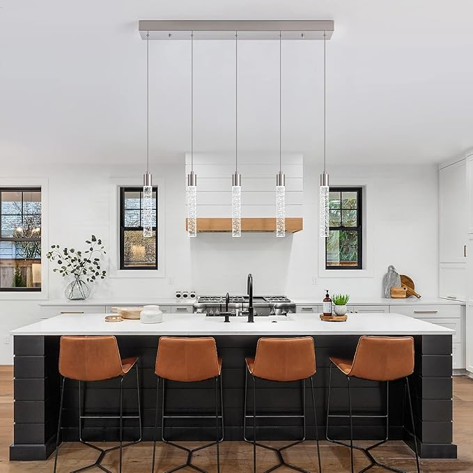 Modern Pendant Lights Kitchen Island,Brushed Nickel Crystal Chandelier Lights, Switch 3000-4000-6000K Dimmable Kitchen Pendant Lighting for Kitchen Island, Dining Room, Bar Counter