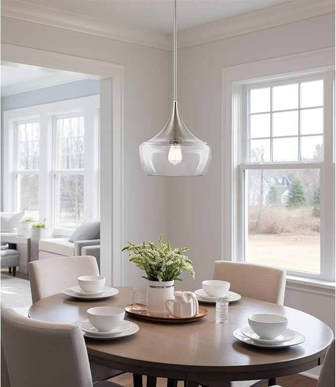 Kira Home Ava 13" Modern Industrial Schoolhouse Pendant Light with Clear Wine Glass Style Shade, Adjustable Hanging Height, Brushed Nickel Finish